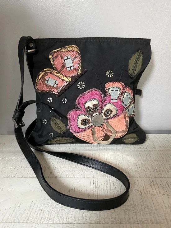 Prada Black Crossbody with Pink and Peach Floral Appliqués - Picture 2 of 3